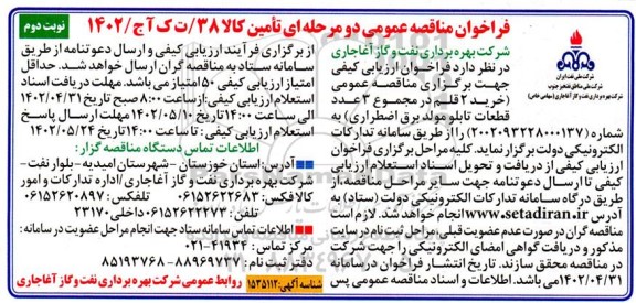 فراخوان مناقصه خرید 2 قلم در مجموع 3 عدد قطعات تابلو مولد برق اضطراری - نوبت دوم 