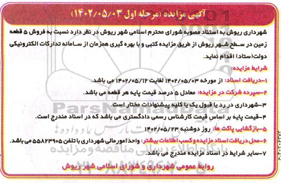 مزایده فروش 5 قطعه زمین در سطح شهر 