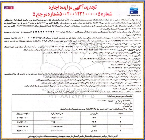تجدید مزایده واگذاری اراضی به مساحت تقریبی 333 هکتار