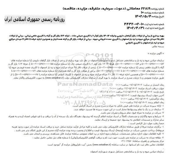 مزایده بهره برداری از برخی از غرفات بازار گیاهان دارویی
