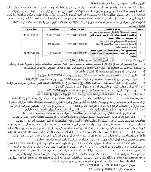 مناقصه ساخت و نصب 600 علمک پلی اتیلن رودیواری بصورت پراکنده و..