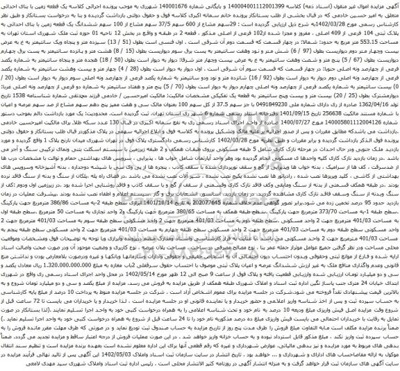 آگهی مزایده 29سهم مشاع از 600 سهم 37/5 سهم مشاع از 100 سهم ششدانگ یک قطعه زمین