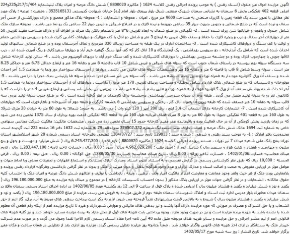 آگهی مزایده شش دانگ عرصه و اعیان پلاک ثبتیشماره 217/1/404و225و224 اصلی قطعه 402 تفکیکی بخش 6 
