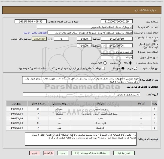 استعلام خرید دوربین و تجهیزات پایش تصویری برابر لیست پیوستی شامل دستگاه nvr ، دوربین،هاب سویچ،هارد، رک، کابل شبکه ، سوکت و غیره