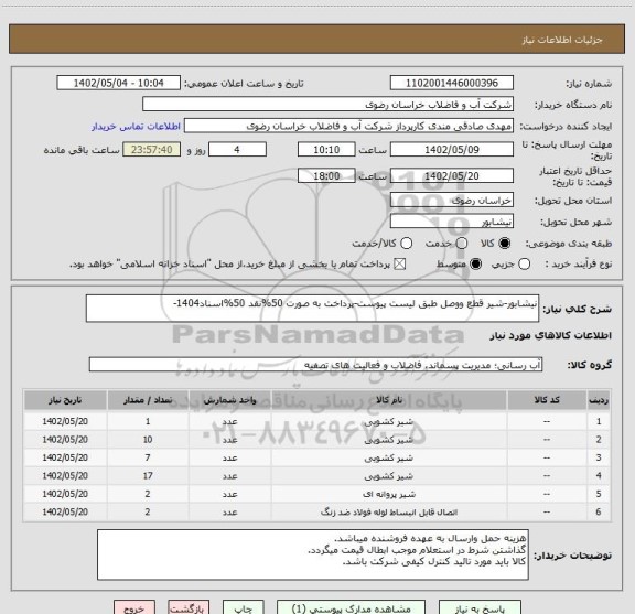 استعلام نیشابور-شیر قطع ووصل طبق لیست پیوست-پرداخت به صورت 50%نقد 50%اسناد1404-