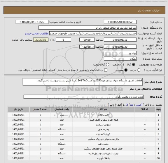 استعلام قطعات اصلی دستگاه دیزل ژنراتور ولوو350کاوا مدل1241TADعیناً طبق لیست پیوست تامین گردد.