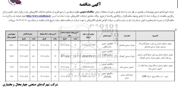 مناقصه تهیه ی مصالح و اجرای زیرسازی و جدول گذاری فاز توسعه شهرک صنعتی .....