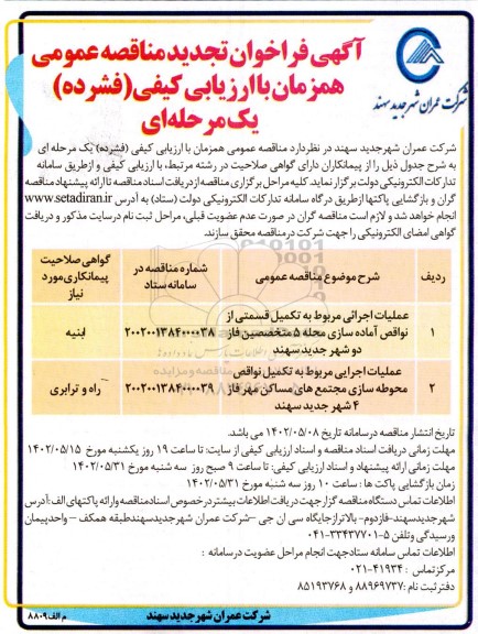مناقصه عملیات اجرائی مربوط به تکمیل قسمتی از نواقص آماده سازی محله 5 ...