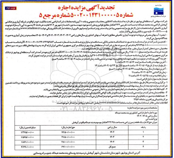 تجدید مزایده واگذاری اراضی به مساحت تقریبی 333 هکتار - نوبت دوم