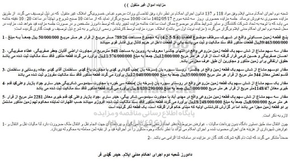مزایده فروش پنج قطعه زمین مسکونی 
