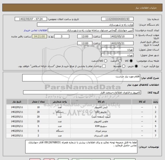 استعلام اقلام مورد نیاز حراست