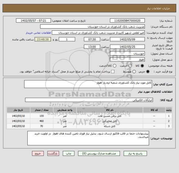 استعلام کابل مورد نیاز بانک کشاورزی شعبه تره بار اهواز