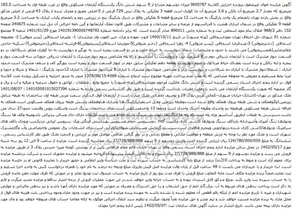 آگهی مزایده میزان دوسهم مشاع از 9 سهم شش دانگ یکدستگاه آپارتمان مسکونی