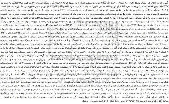 آگهی مزایده میزان دو سهم مشاع از ده سهم عرصه و اعیان یک دستگاه آپارتمان