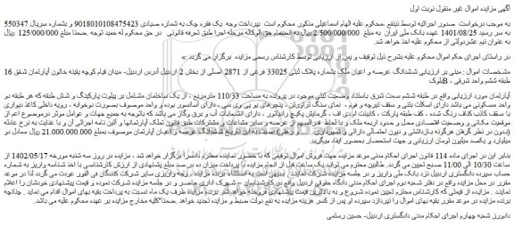 مزایده فروش  ششدانگ عرصه و اعیان ملک بشماره پلاک ثبتی 33025 فرعی از 2871 اصلی 