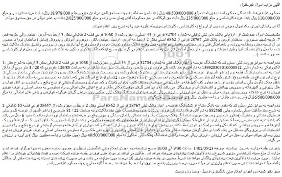 مزایده فروش ششدانگ عرصه و اعیان پلاک ثبتی به شماره 32704 فرعی از 33 اصلی و مجزی شده از 1068 فرعی قطعه 2 تفکیکی 