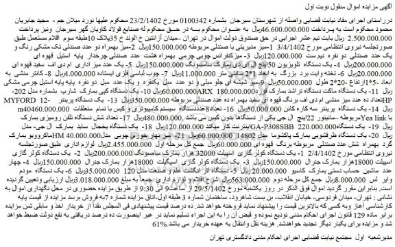 مزایده فروش 1-میز مدیریتی با صندلی مربوطه و...