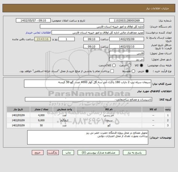 استعلام سیمان سیاه تیپ 2 داراب 180 پاکت، آجر سه گل کوار 4000 عدد، گچ 50 کیسه