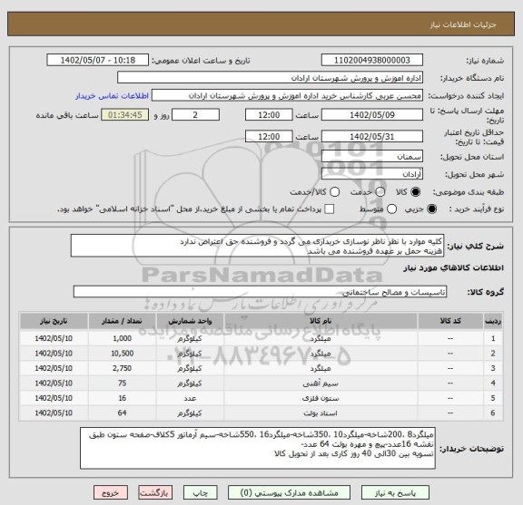استعلام کلیه موارد با نظر ناظر نوسازی خریداری می گردد و فروشنده حق اعتراض ندارد
هزینه حمل بر عهده فروشنده می باشد