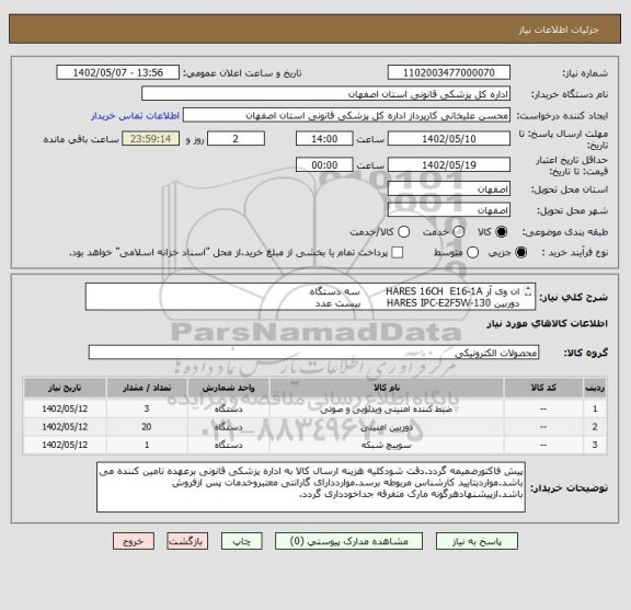 استعلام ان وی آر HARES 16CH  E16-1A        سه دستگاه
دوربین HARES IPC-E2F5W-130        بیست عدد
سوئیچ CISCO 2960+24PCL             یک عدد