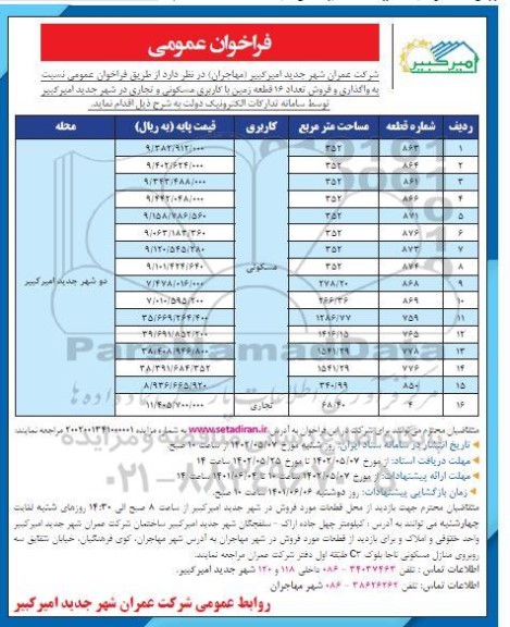 مزایده فروش تعداد 16 قطعه زمین کاربری مسکونی و تجاری