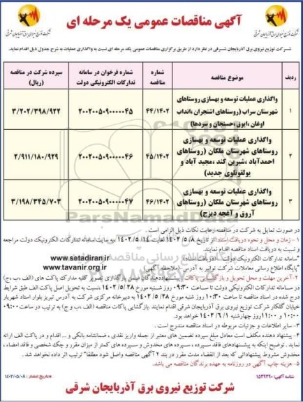 مناقصه واگذاری عملیات توسعه و بهسازی روستاهای...
