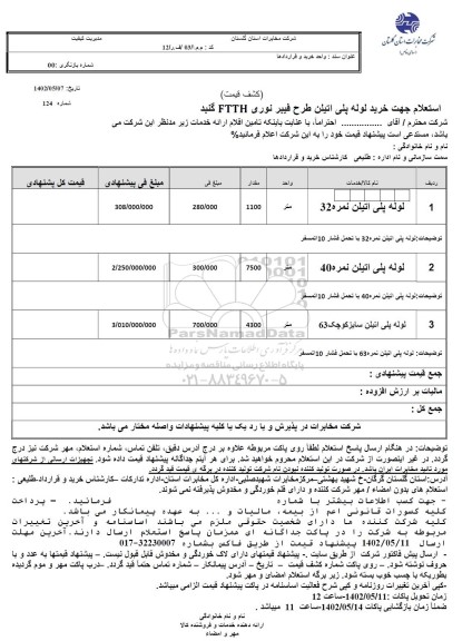 استعلام جهت خرید لوله پلی اتیلن طرح فیبرنوری FTTH