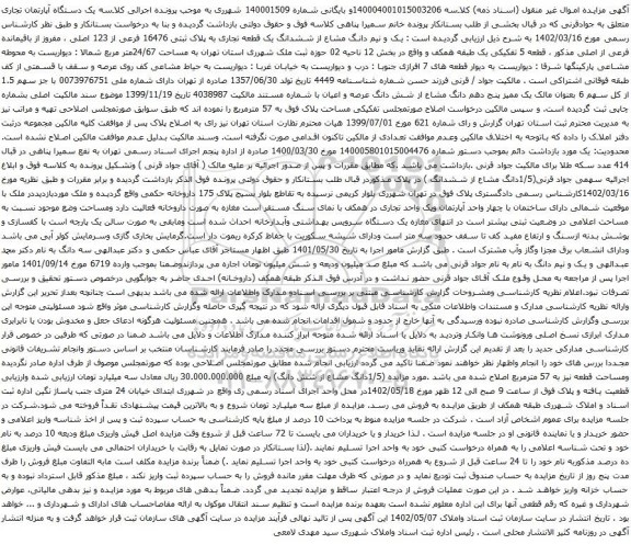 آگهی مزایده یک و نیم دانگ مشاع از ششدانگ یک قطعه تجاری به پلاک ثبتی 16476 فرعی از 123 اصلی