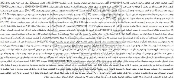 آگهی مزایده مقدار ششدانگ یک باب خانه تحت پلاک 242 فرعی از14 اصلی