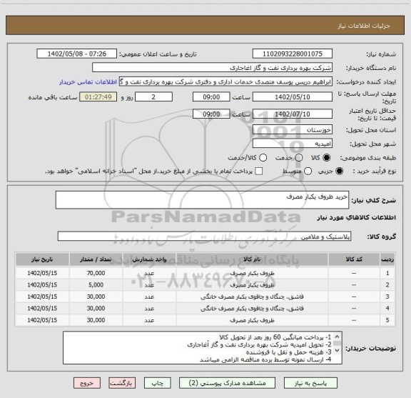 استعلام خرید ظروف یکبار مصرف