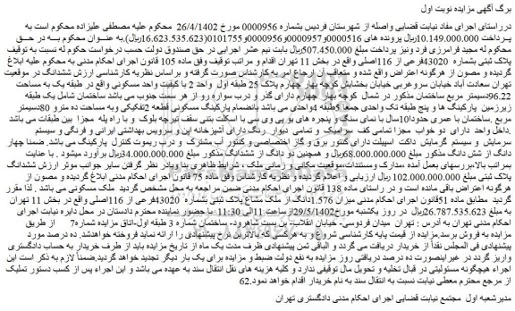 مزایده فروش میزان 1.576دانگ از ملک مشاع پلاک ثبتی بشماره 43020فرعی از 116اصلی