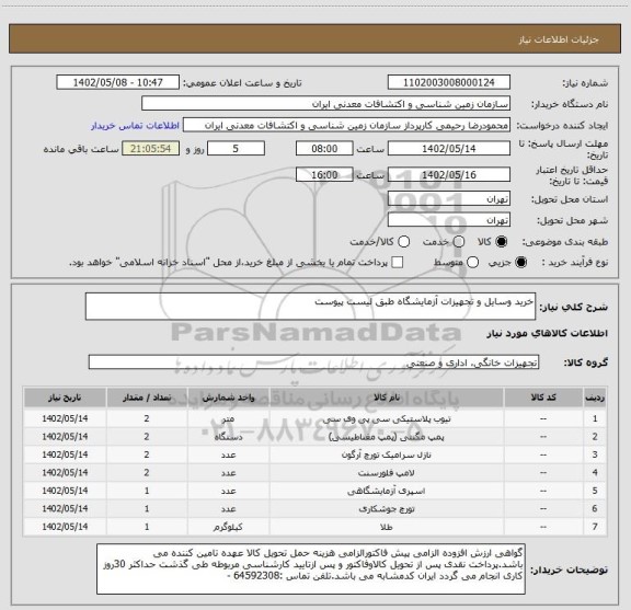 استعلام خرید وسایل و تجهیزات آزمایشگاه طبق لیست پیوست