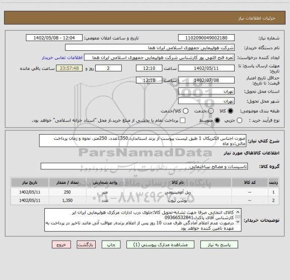 استعلام صورت اجناس الکتریکال 1 طبق لیست پیوست از برند استاندارد،1350عدد، 250متر، نحوه و زمان پرداخت مالی:دو ماه