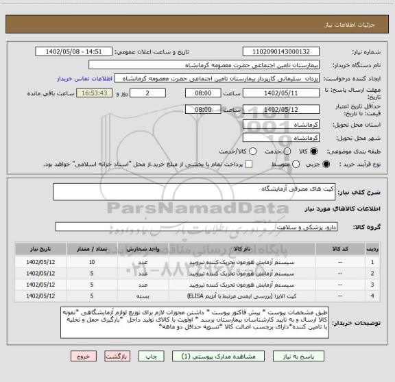 استعلام کیت های مصرفی آزمایشگاه
