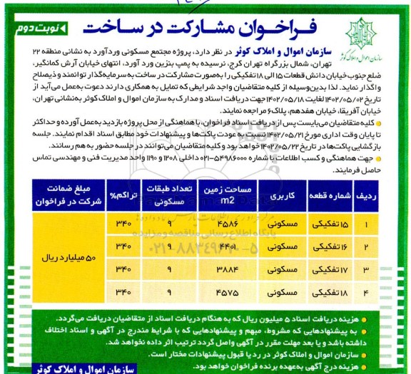 فراخوان مشارکت در ساخت پروژه مجتمع مسکونی  - نوبت دوم