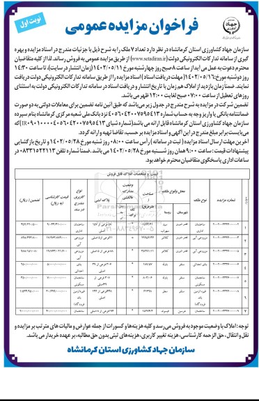 مزایده فروش 7 ملک با کاربری ساختمان اداری، مزروعی آبی، بنای احداثی، ساختمان مسکونی، زمین باند فرودگاه و ساختمان