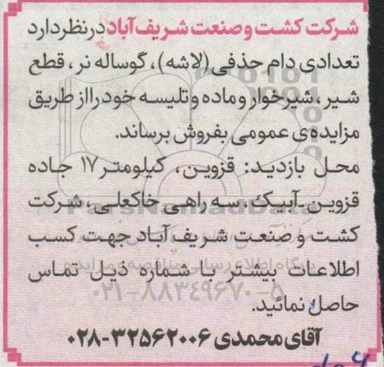 مزایده فروش تعدادی دام حذفی (لاشه)...