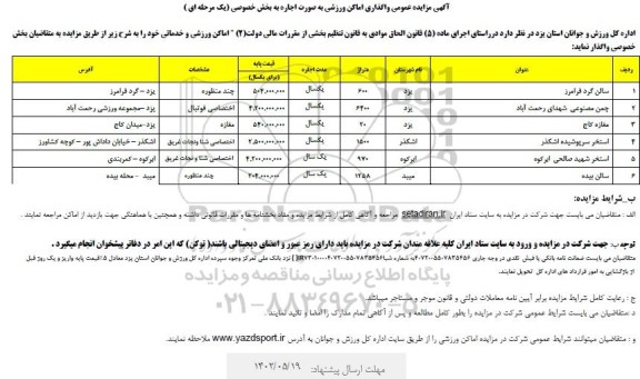 مزایده واگذاری اماکن ورزشی به صورت اجاره به بخش خصوصی