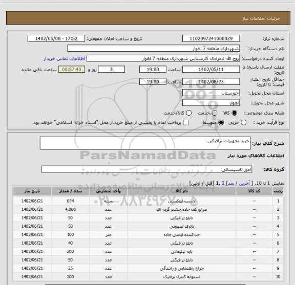 استعلام خرید تجهیزات ترافیکی