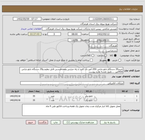 استعلام خرید35 دستگاه تابلو بارانی 250 آمپر تک کلید با رله حرارتی ومغناطیسی قابل تنظیم و35 دستگاه تابلو بارانی 400آمپر ....طبق نقشه وفرم پیوست
