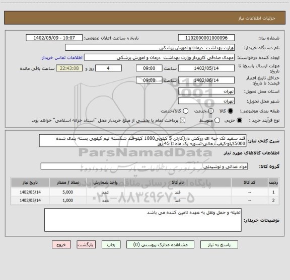 استعلام قند سفید تک حبه ای روکش دار(کارتن 5 کیلویی1000 کیلو-قند شکسته نیم کیلویی بسته بندی شده 5000کیلو-کیفیت عالی-تسویه یک ماه تا 45 روز