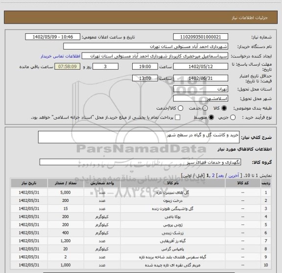استعلام خرید و کاشت گل و گیاه در سطح شهر