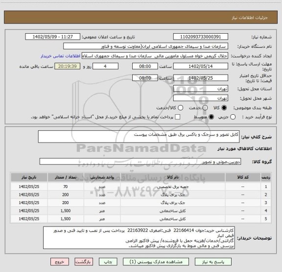 استعلام کابل تصویر و سرجک و باکس برق طبق مشخصات پیوست