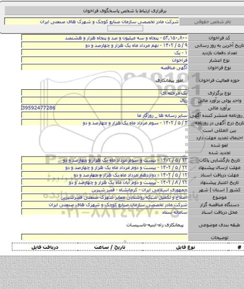مناقصه, اصلاح و تکمیل شبکه روشنایی معابر شهرک صنعتی قصرشیرین