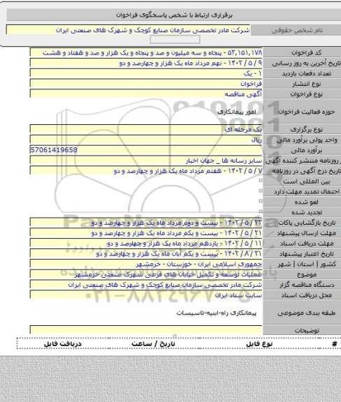 مناقصه, عملیات توسعه و تکمیل خیابان های فرعی شهرک صنعتی خرمشهر