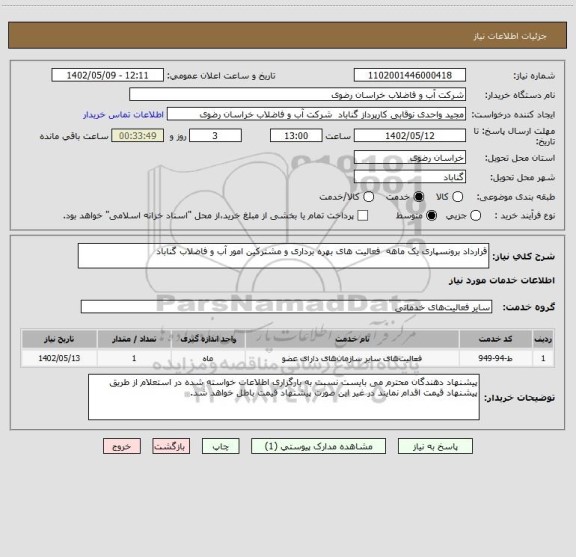 استعلام قرارداد برونسپاری یک ماهه  فعالیت های بهره برداری و مشترکین امور آب و فاضلاب گناباد