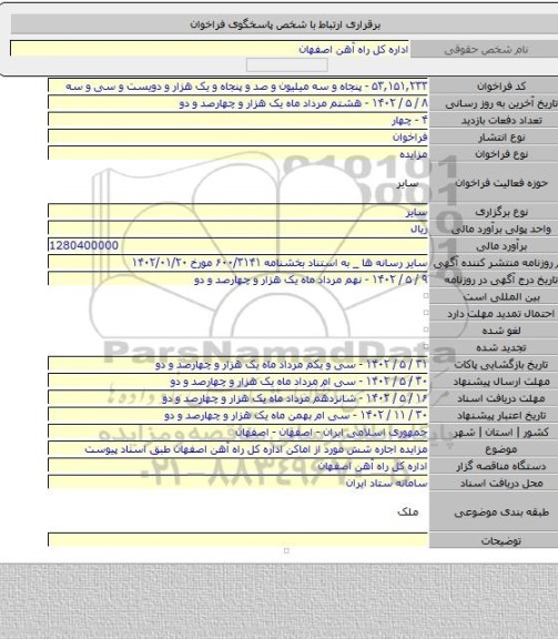 مزایده, مزایده اجاره شش مورد از اماکن اداره کل راه آهن اصفهان طبق اسناد پیوست