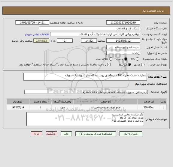 استعلام عملیات احداث مخزن 100 متر مکعبی روستای کله چار شهرستان سوران