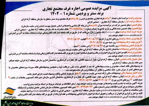 مزایده اجاره غرف مجتمع تجاری برند سنتر و پردیس