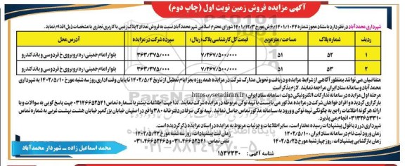 مزایده فروش تعداد 2 پلاک زمین با کاربری تجاری